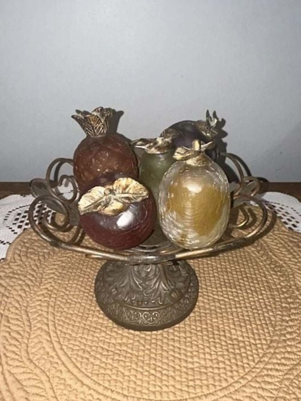 Vintage Brass Fruit Compote Bowl with Set of 5 Decorative Glass Fruit Ornaments